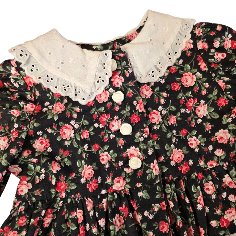 Black Rose Floral Cottagecore Handmade Dress Lace Collar Long Sleeve 2T